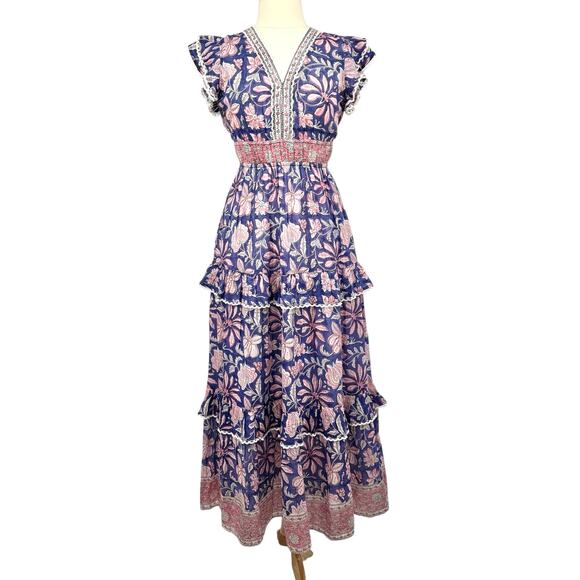 NWT Sal Rosa Womens Boho Hand Block-Printed Floral Tiered Maxi Dress Size M $235 - Picture 12 of 12